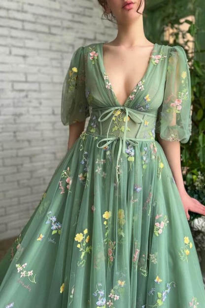 Deep V-Neck Tulle Aqua Beautiful Half Sleeves Evening Dress With Embroidery Flowers