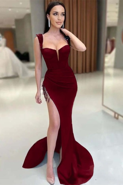 Gorgeous V-Neck Split Mermaid Sleeveless Prom Dress with Beadings