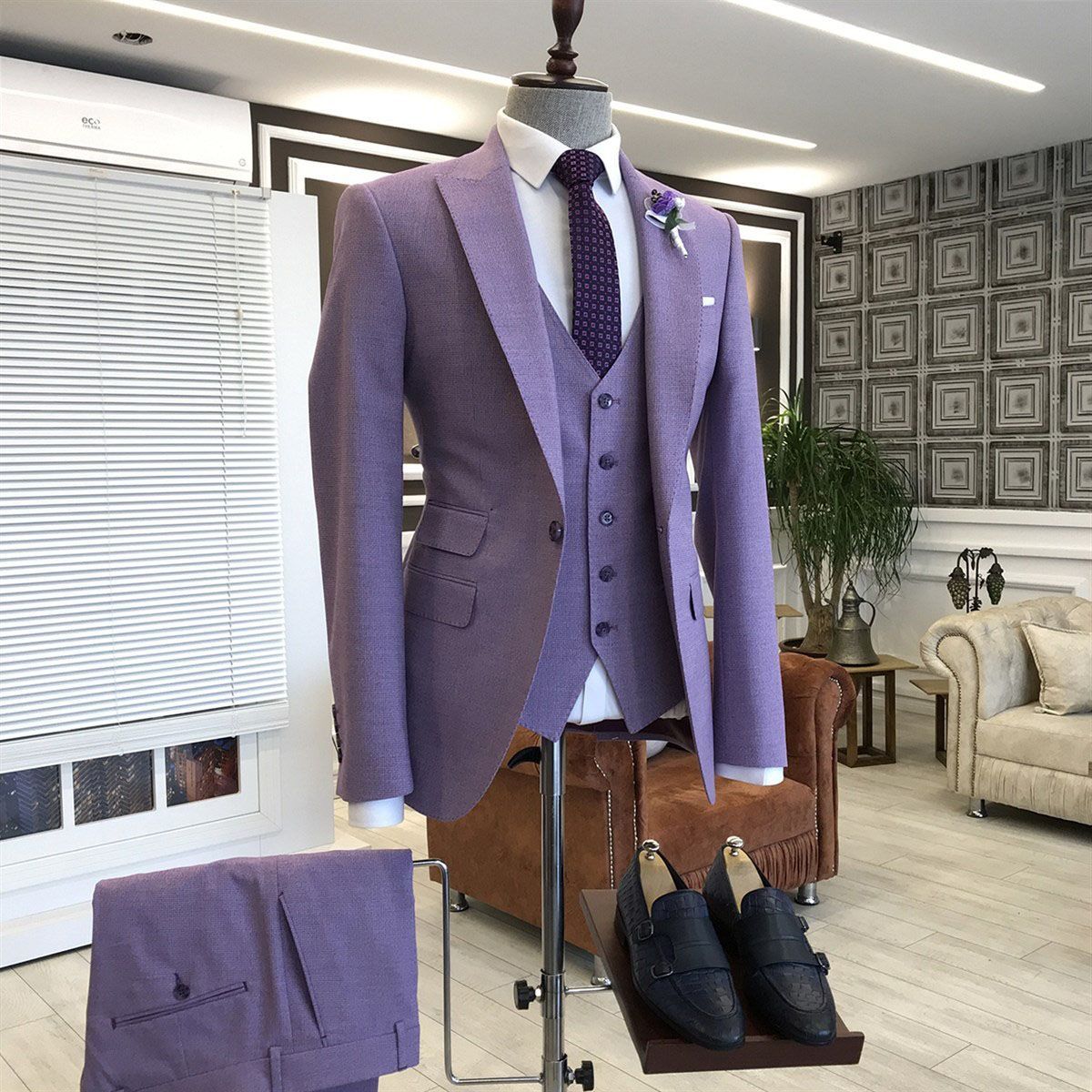 Stunning Party Suits for Prom Three-Piece with Violet Purple Tailored