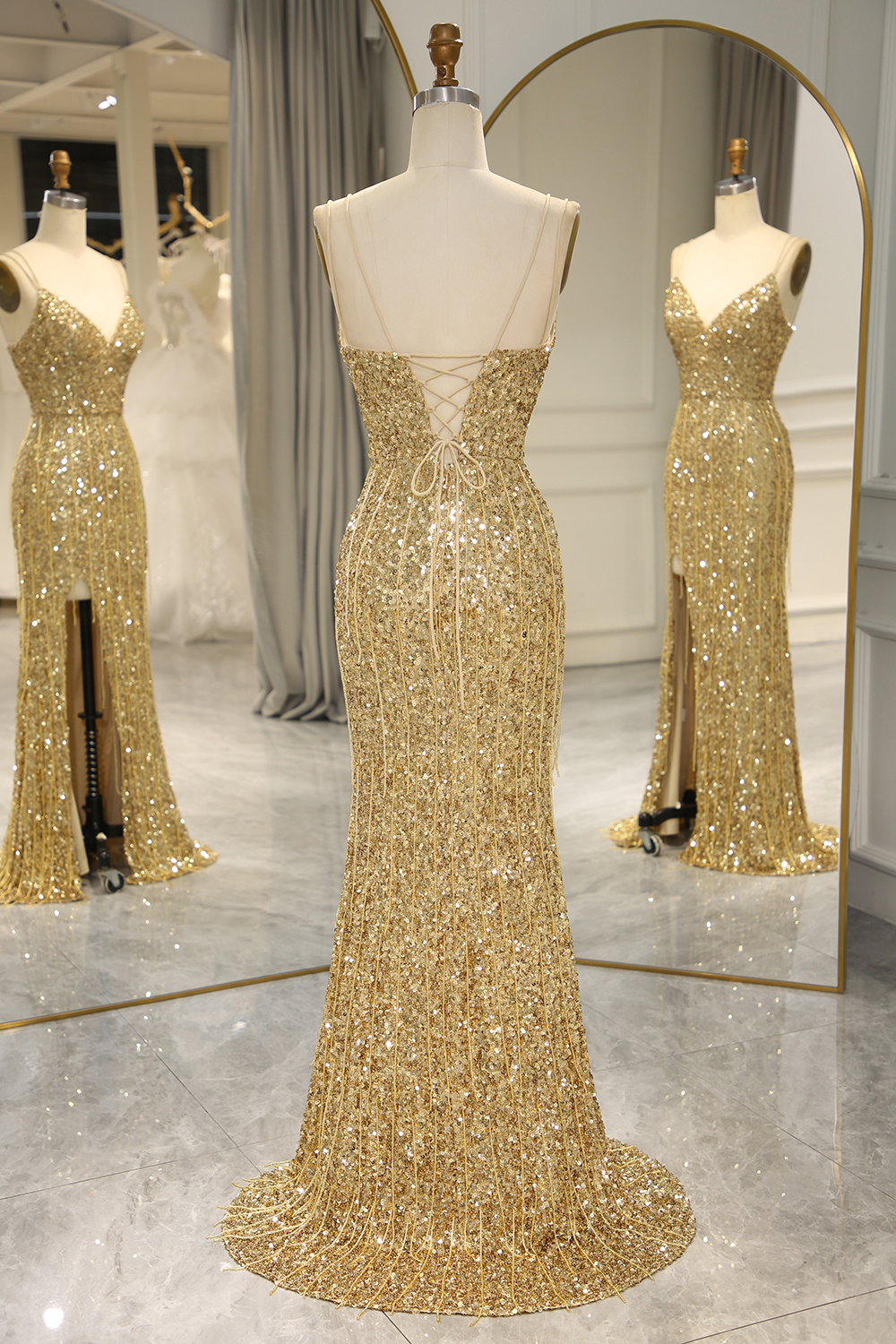 Golden Sequins Long Prom Dress with Bling Mermaid Spaghetti Straps and Split Front