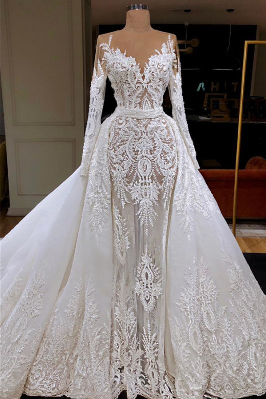 Glamorous Mermaid Long Sleeves Lace Wedding Dress with Detachable Skirt