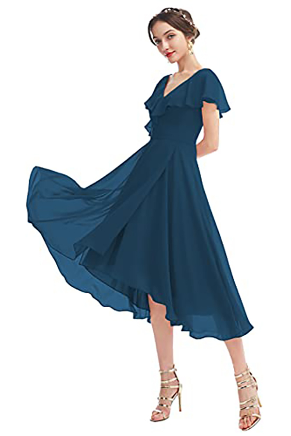 V-Neck Short Sleeve Ruffles Bridesmaid Dress