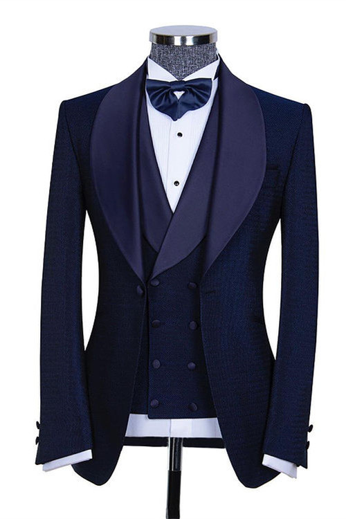 Skylar Slim Fit Dark Navy Shawl Lapel Three-Piece Wedding Suits for Men