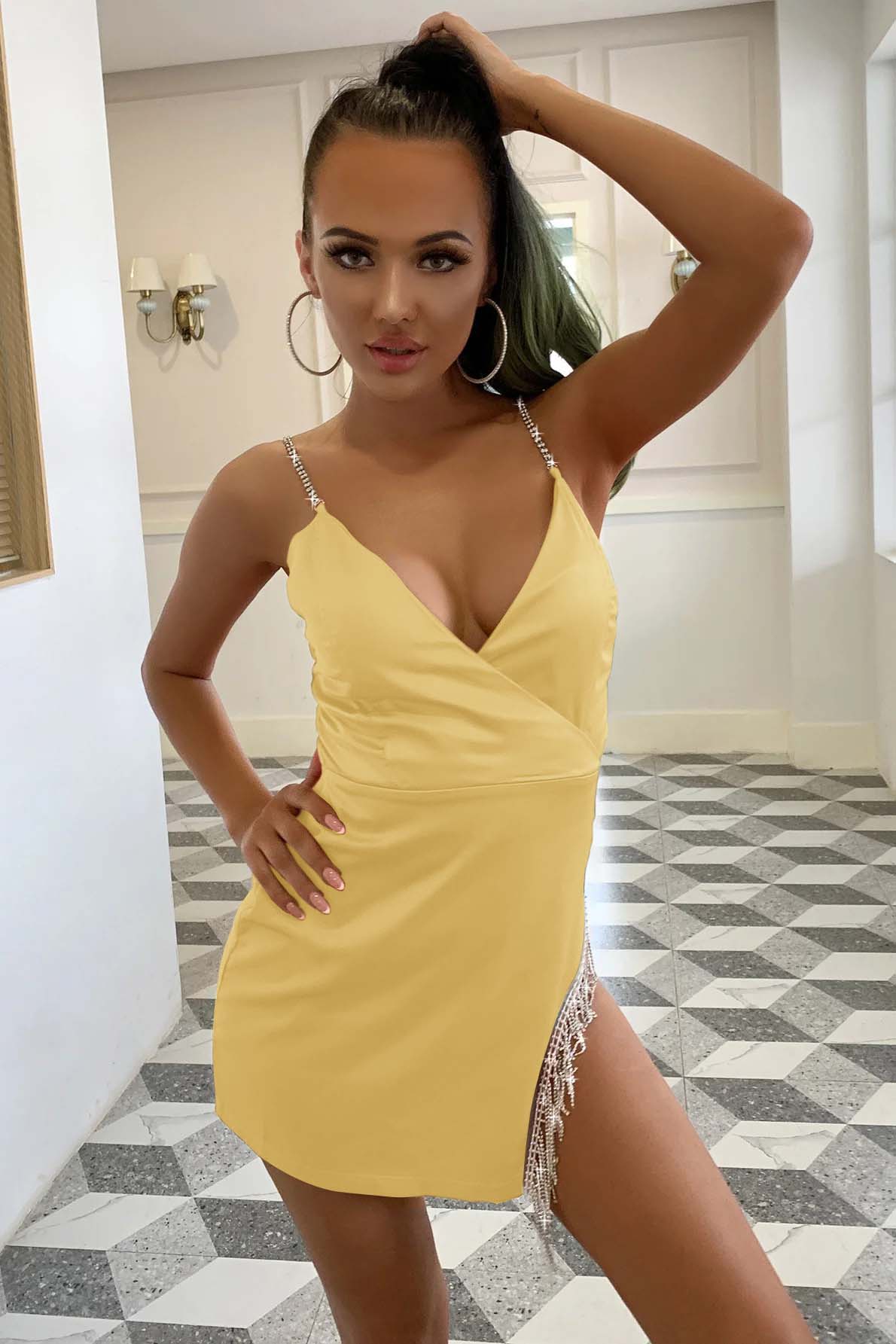 Dark Orange V-Neck Sparkle Spaghetti-Straps Split Short Mini cocktail Dress