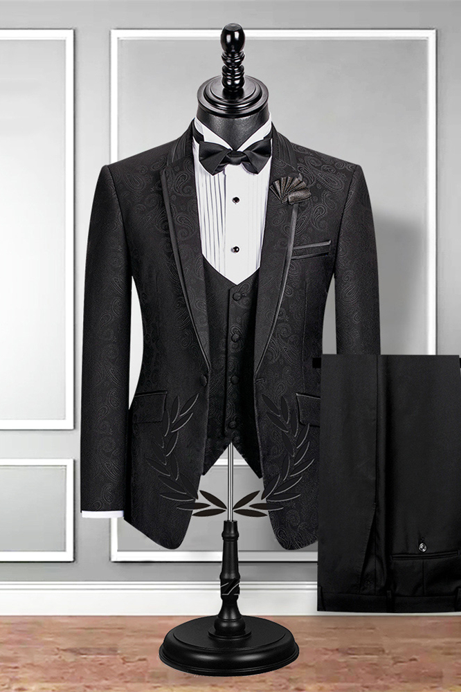 Chic Black Slim Fit Notched Lapel Jacquard Wedding Suit for Men