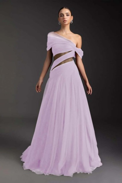 Glamorous Tulle One Shoulder Sleeveless Long Formal Dress With Pleated