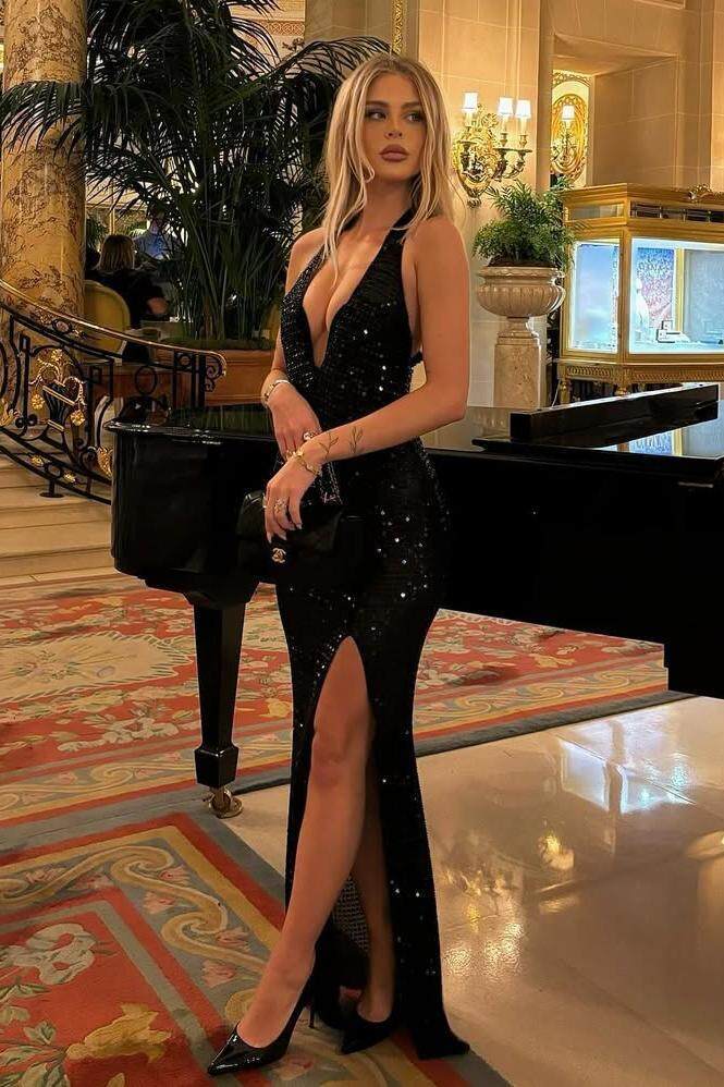 Sequins Halter Sleeveless Deep V Neck Long Formal Dress With Split
