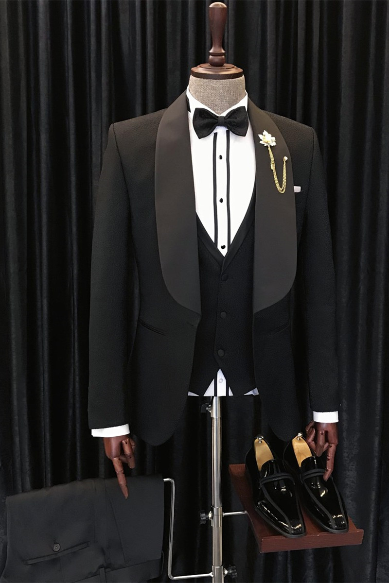 Alfred Chic Black Three-Piece Shawl Lapel Wedding Men's Suits