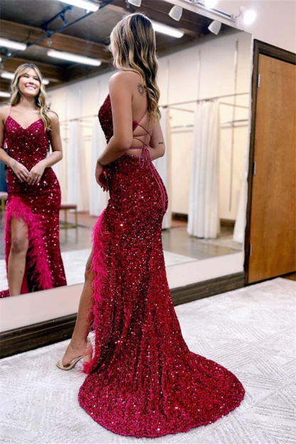 Gorgeous Red Spaghetti Straps Split Sequins Mermaid Evening Dress Long With Feather