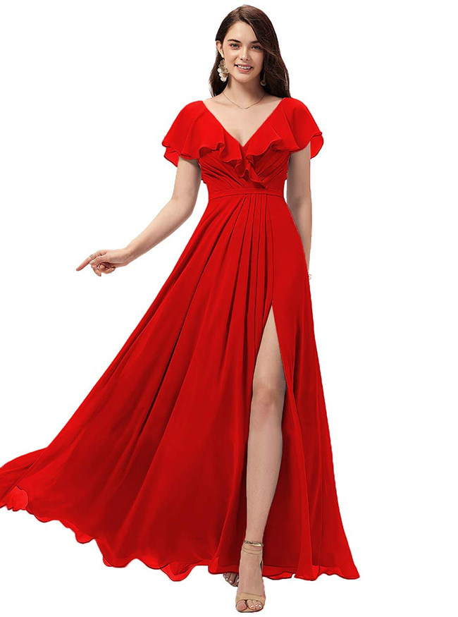 Chiffon Ruffles Bridesmaid Dress with Split