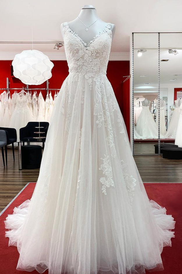 Chic Tulle V-Neck Open Back Long A-Line Wedding Dresses with Lace Ruffles