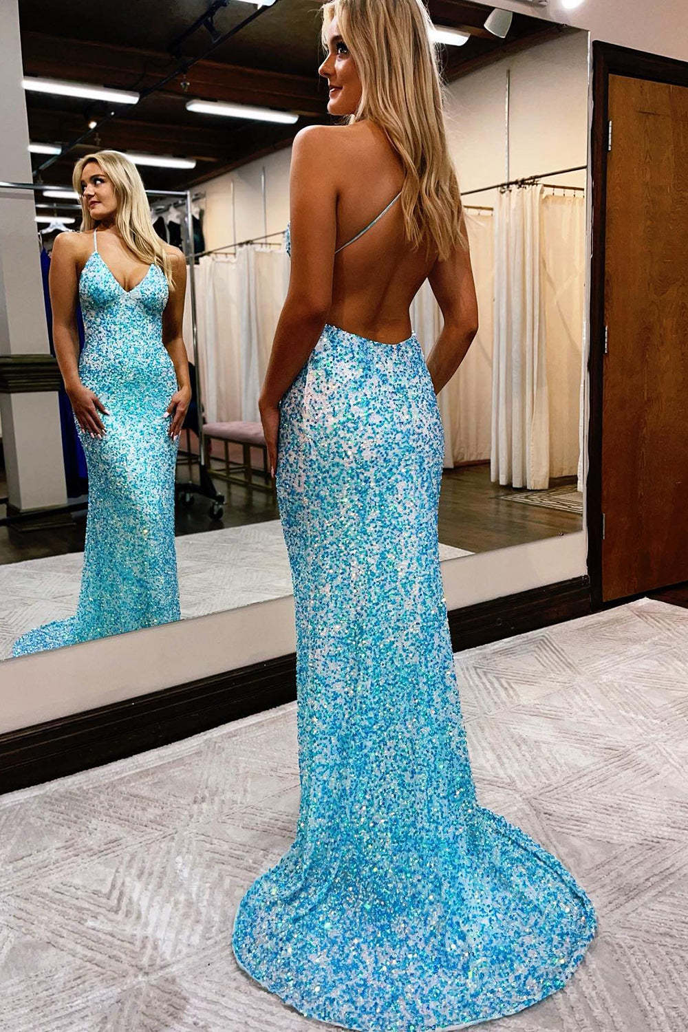 Blue Sequined Mermaid Prom Dress with Spaghetti Straps and Backless Design