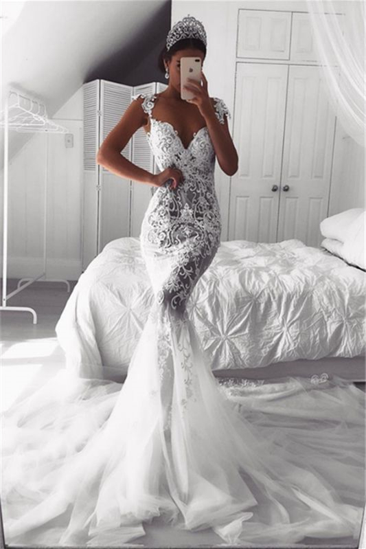 Elegant Cap Mermaid Sleeves Wedding Dress Lace Appliques with Zipper Button Back