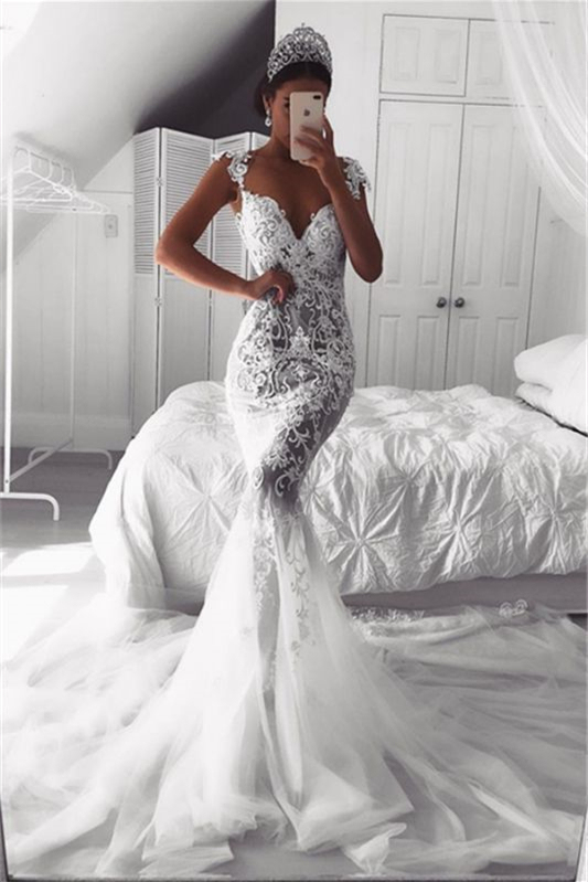 Elegant Cap Mermaid Sleeves Wedding Dress Lace Appliques with Zipper Button Back
