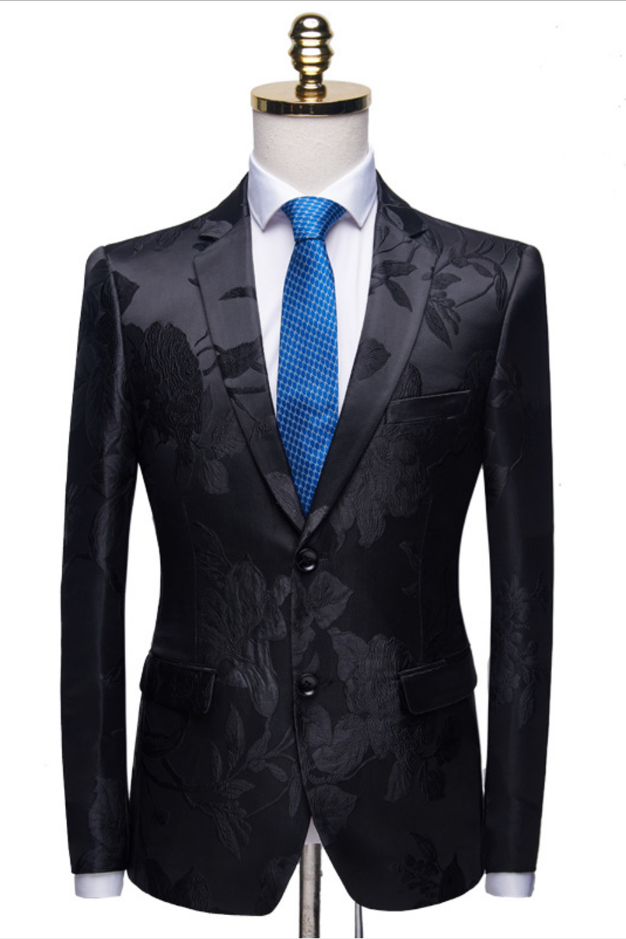 Stylish Notched-Lapel Two-Button Men's Suits with Floral Jacquard (Black Wedding Tuxedo)