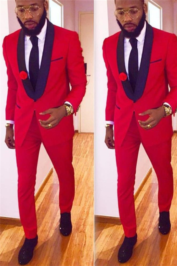 Stylish Red Shawl Collar Newest Coat One-Button Pant Design Tuxedo Wedding Two Pieces