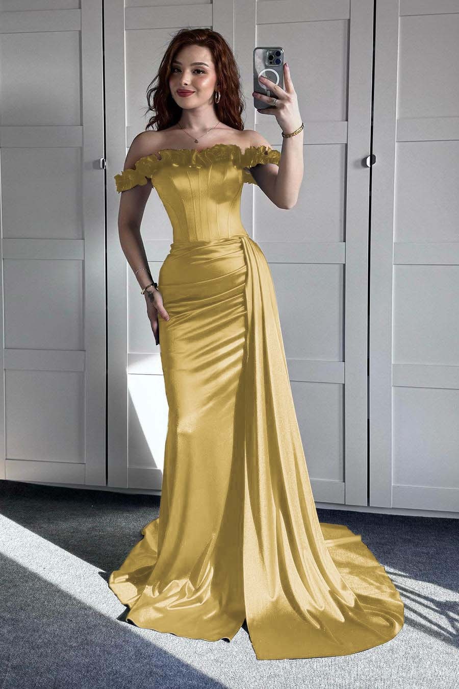 Off the Shoulder Sleeveless Mermaid Long Formal Dress With Ruffles