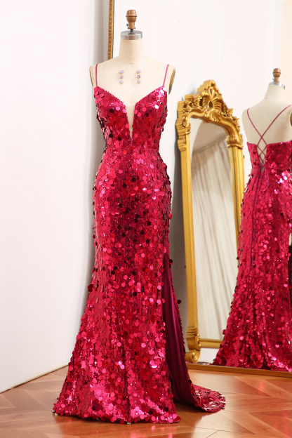 Long Sparkly Purple Prom Dress with Mermaid Silhouette Spaghetti Straps Sequins and Slit