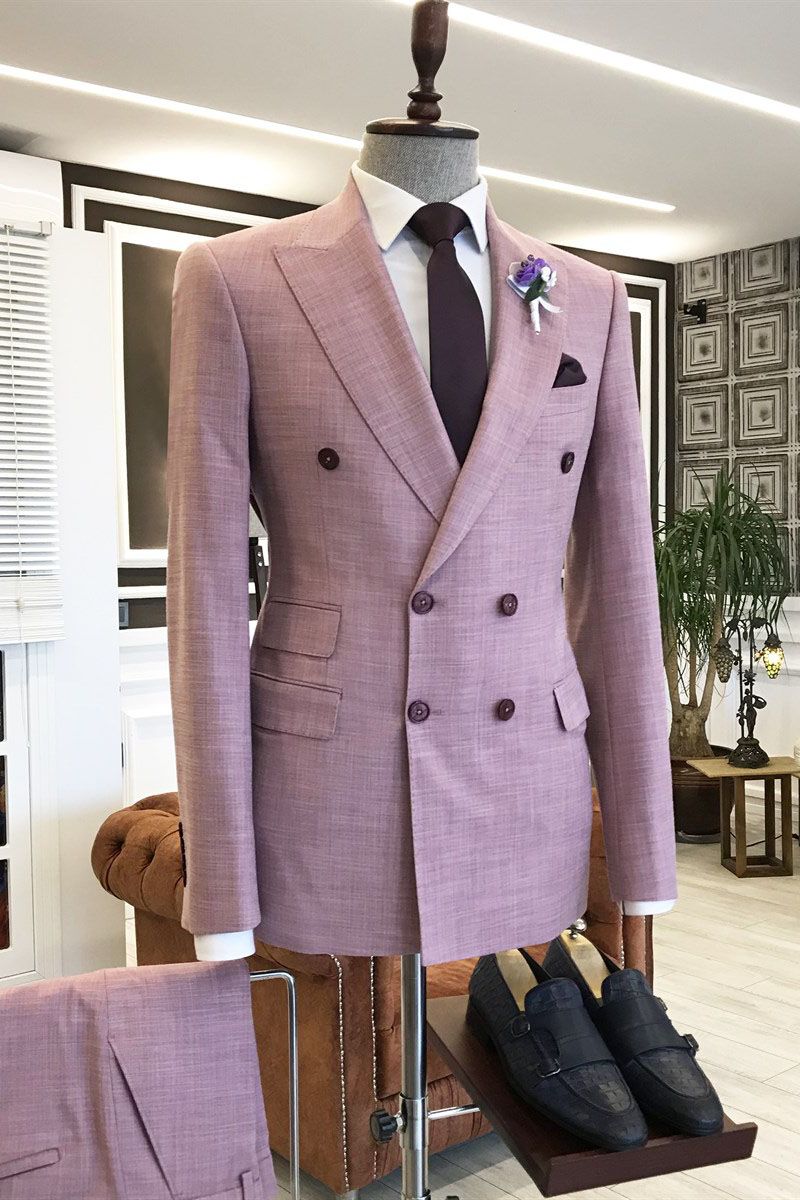 Stylish Pink Double-Breasted Men's Wedding Outfits with Peaked Lapel Three Flaps
