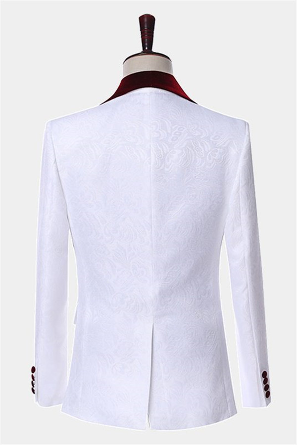 Modern Burgundy Lapel Wedding Tuxedo with White Jacquard