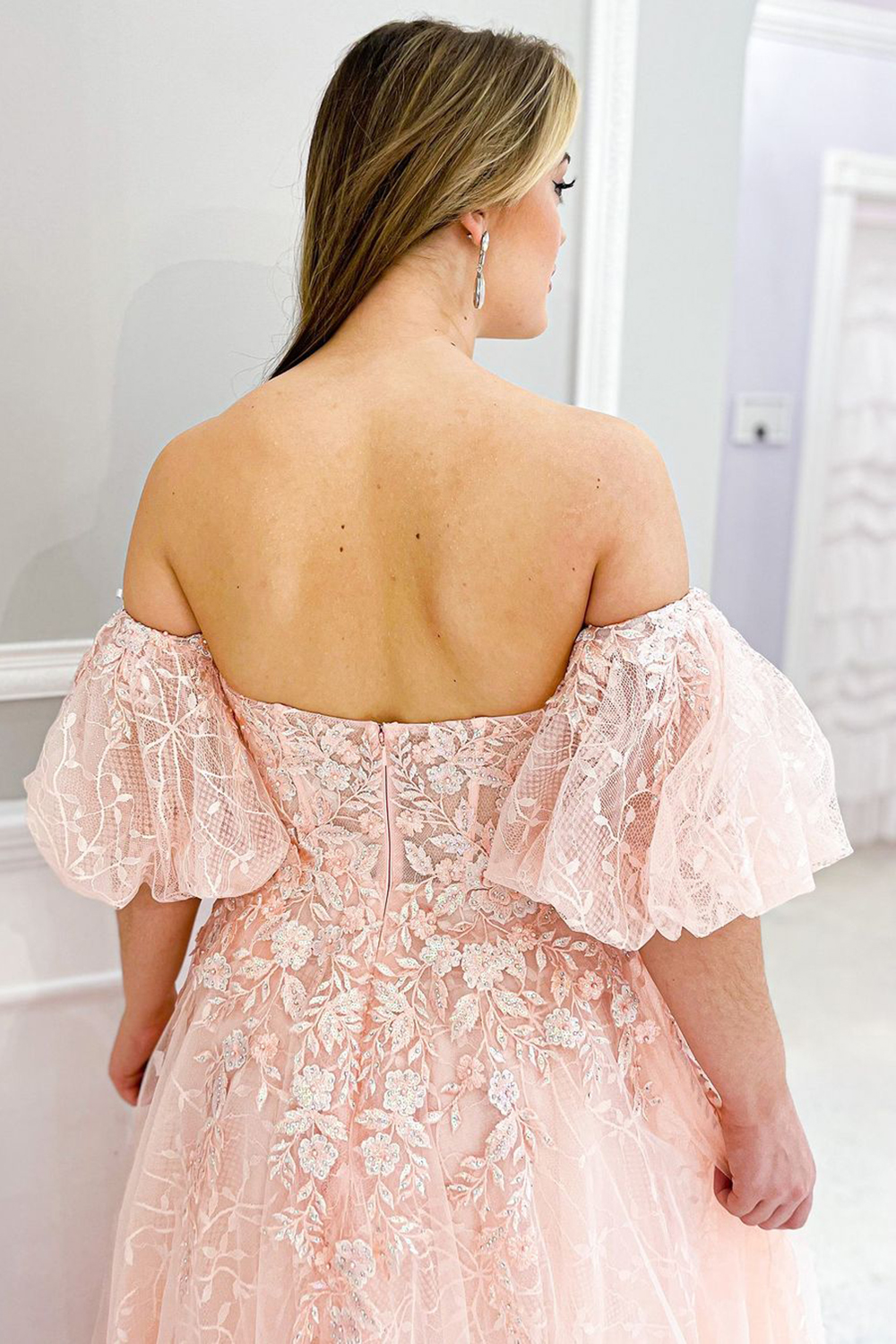 Elegant Off-the-Shoulder Blush Corset Prom Dress with Appliques in A-Line Silhouette