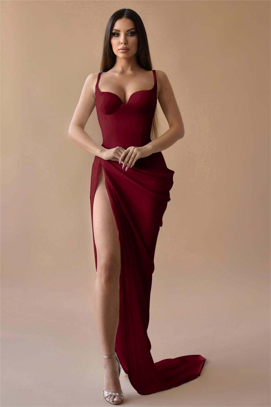 Simple White Spaghetti Strap Sleeveless Pleated Long Formal Dress With Split