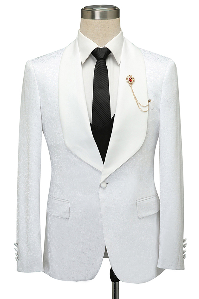 Chick Slim Fit White Jacquard Shawl Lapel Wedding Suit for Men