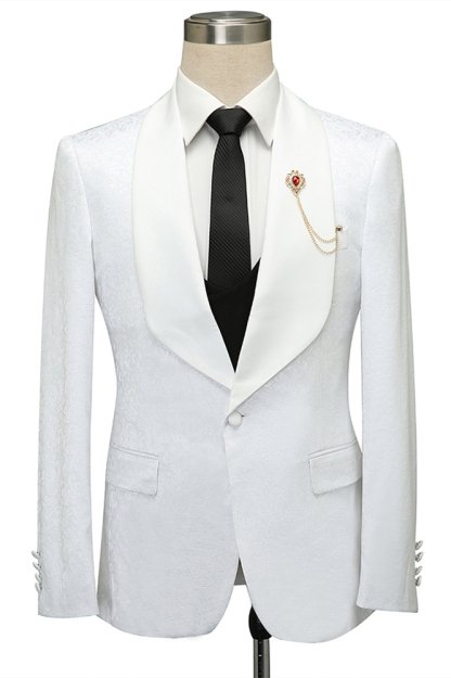 Chick Slim Fit White Jacquard Shawl Lapel Wedding Suit for Men