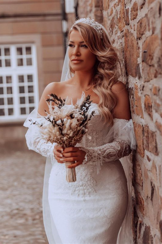 Bubble Mermaid Sleeves Sweetheart Long Wedding Dress with Lace