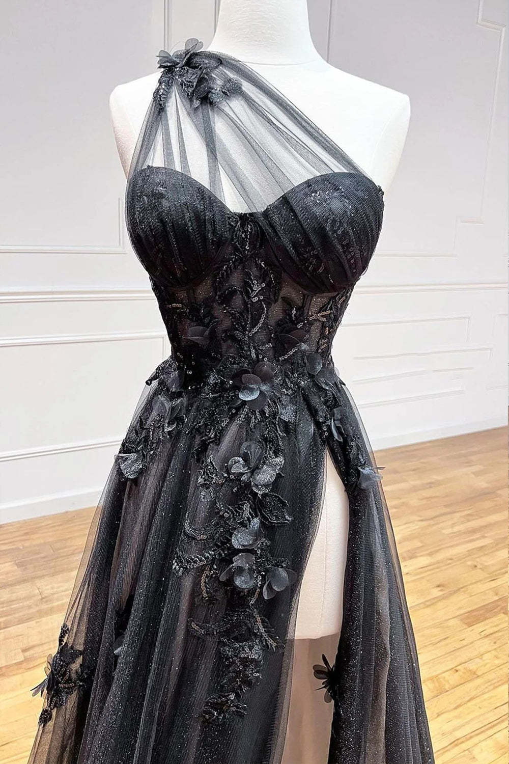 Black One Shoulder A-Line Prom Corset Dress with Appliques