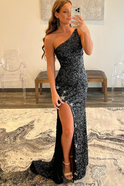 Sparkle Black Sequins One Shoulder Sleeveless Mermaid Formal Dress With Split