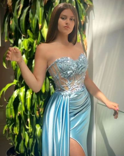 Sky Blue Mermaid Sweetheart Split Sleeveless Evening Dress Satin Ruffle with Beads