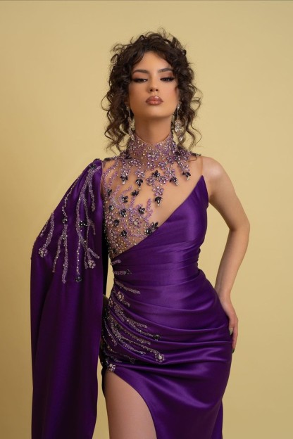 High Neck Formal Dress Regency One Shoulder With Ruched Beads
