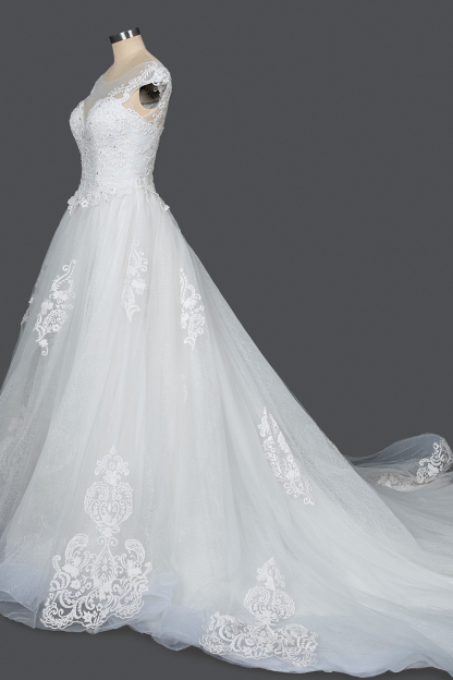 Stunning Cap Sleeve Ball Gown Sheer Tulle Wedding Dress with Lace V-Neck