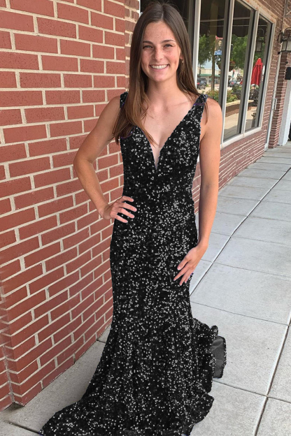 Long Prom Dress with Sequins in Mermaid Blue V-Neck
