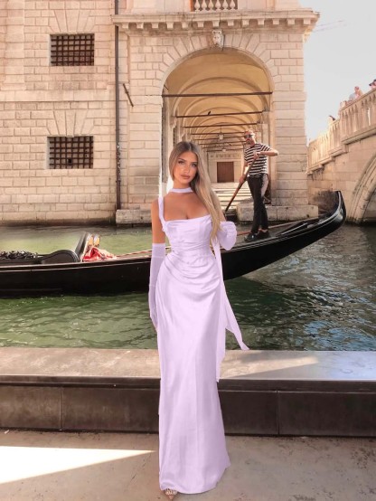 Spaghetti Strap Sleeveless Long Mermaid Formal Dress With Gloves