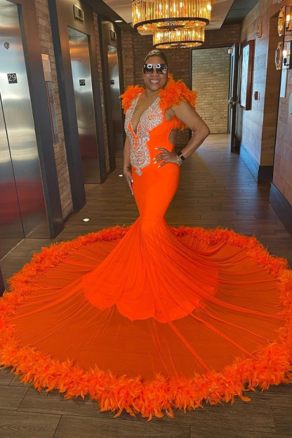 Orange V-Neck Sleeveless Feather Evening Dress
