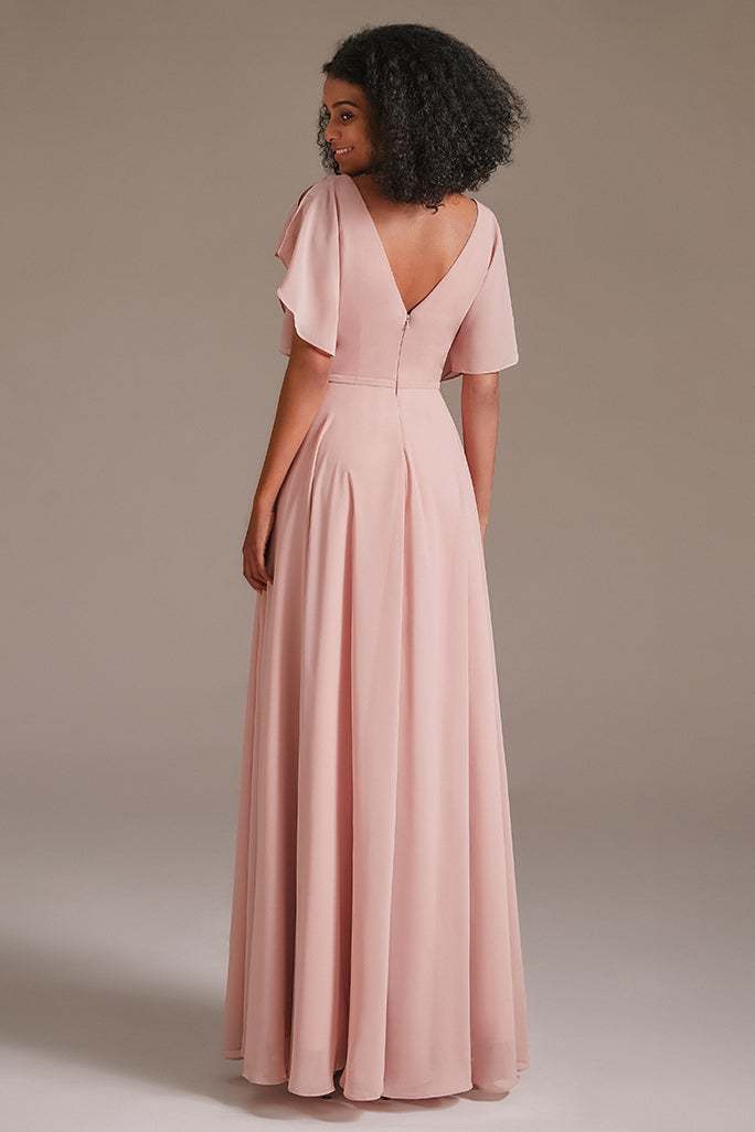 Pink Chiffon Ruffles Sleeves Bridesmaid Dress