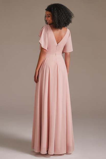 Pink Chiffon Ruffles Sleeves Bridesmaid Dress