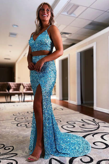 Light Blue Sequined Two-Piece Mermaid Prom Dress Featuring a Slit