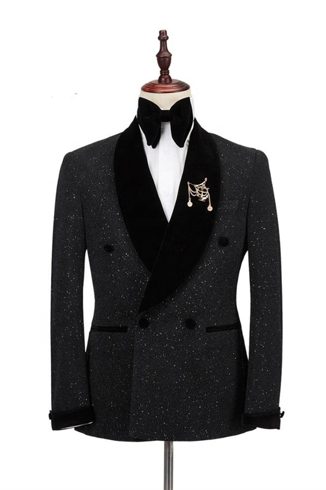 Edward Shawl-Lapel Sparkle Black Double-Breasted Wedding Suits