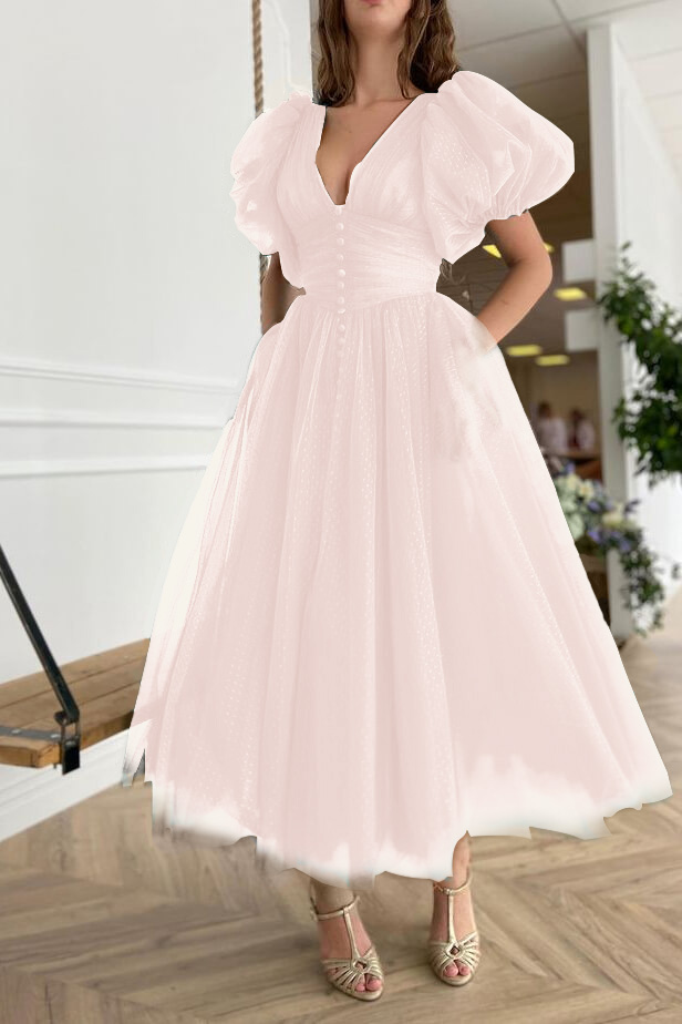 Dark Green Evening Dress A-Line With Short Sleeves V-Neck