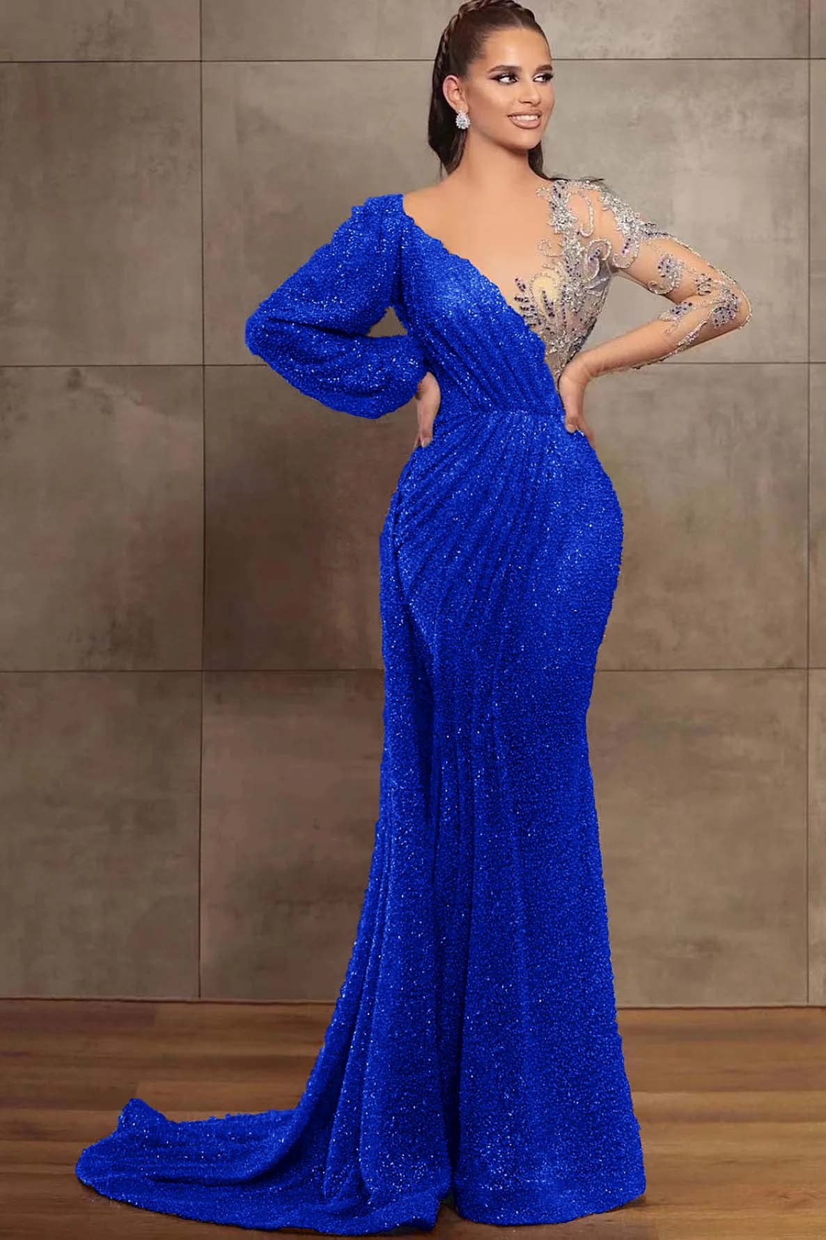 Gorgeous V-Neck Mermaid Evening Dress Long Sleeves With Sequins Beads