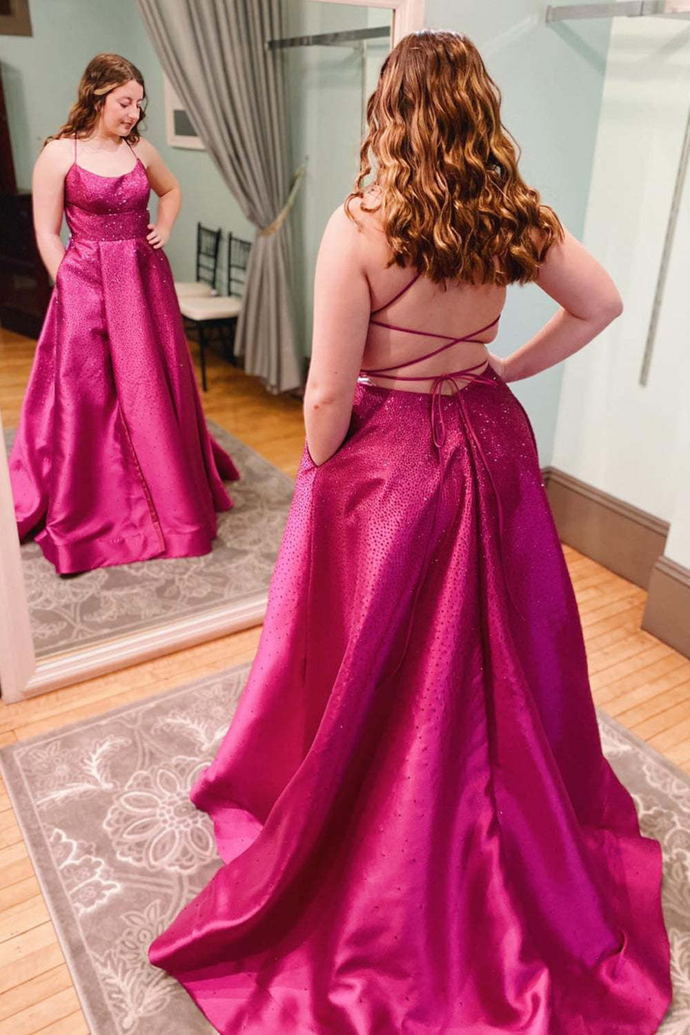 Plus Size Hot Pink A-Line Prom Dress Featuring Spaghetti Straps and Criss Cross Back