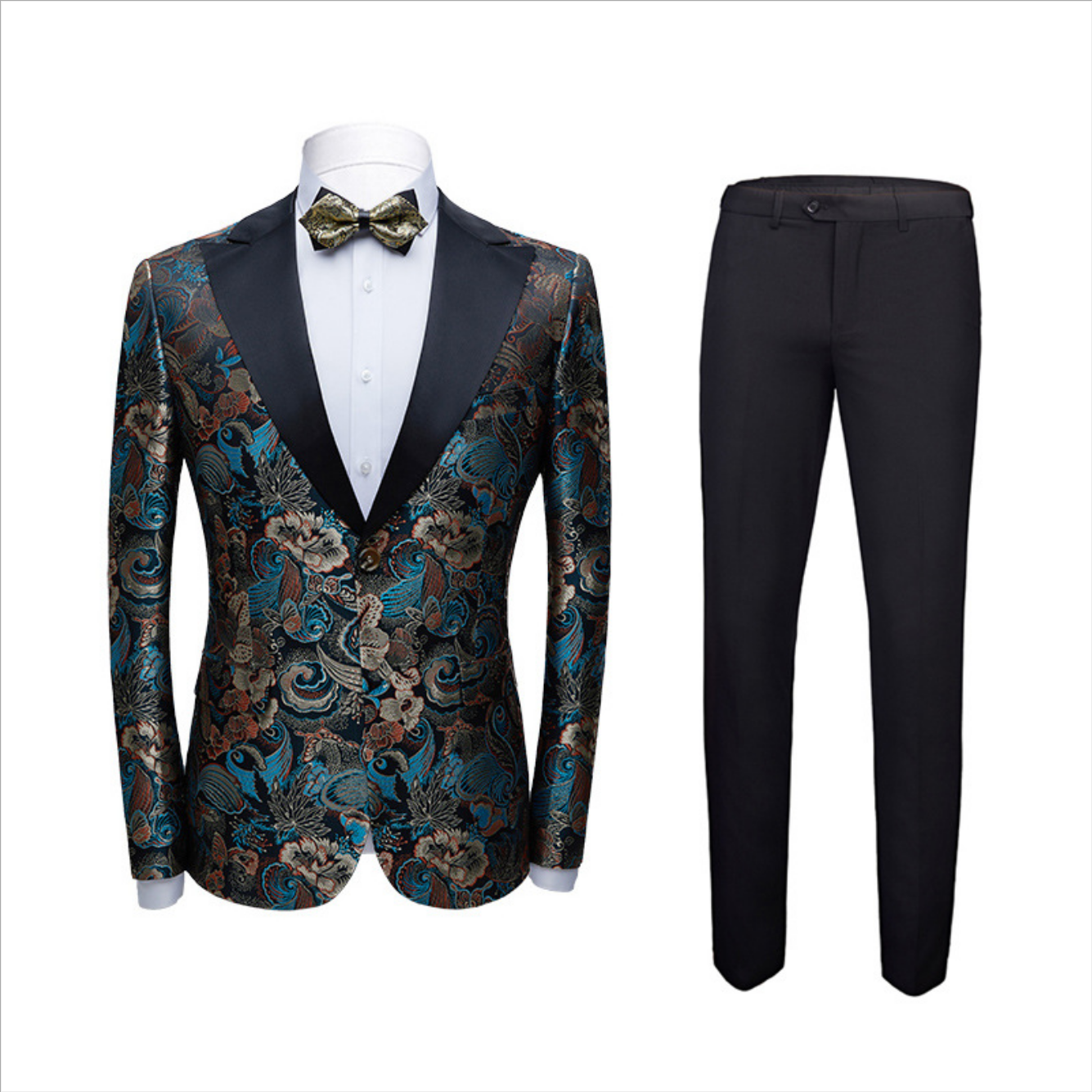 Advanced Black Peak Lapel Wedding Suit with Floral Jacquard