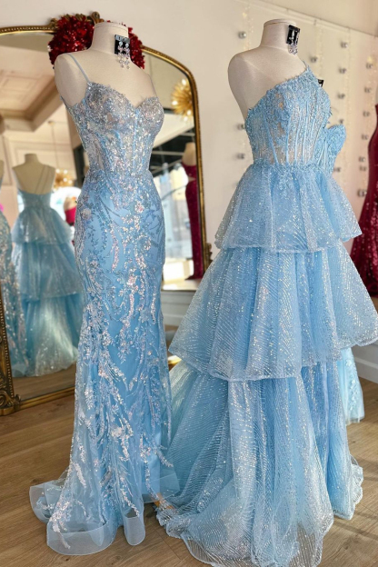 Elegant Blue Mermaid Corset Prom Dress with Sequins and Spaghetti Straps