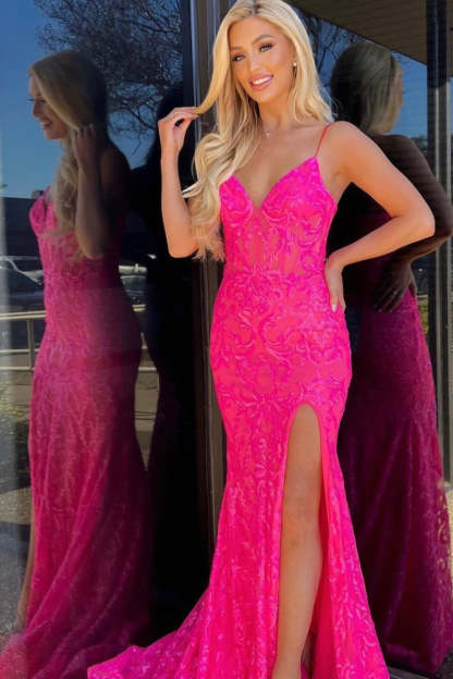 Mermaid Prom Dress with Sparkly Red Sequins and Spaghetti Straps