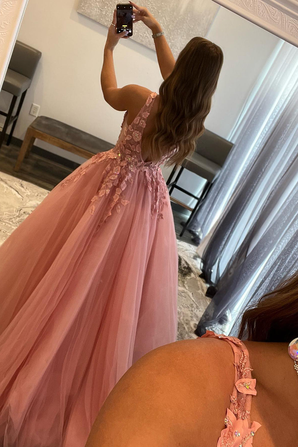 Orange V-Neck A-Line Prom Dress Featuring Appliques
