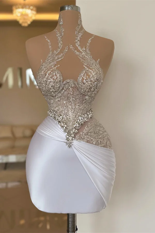 White High-Grade Exquisite Beaded Pleated Tights Short Mini cocktail Dress