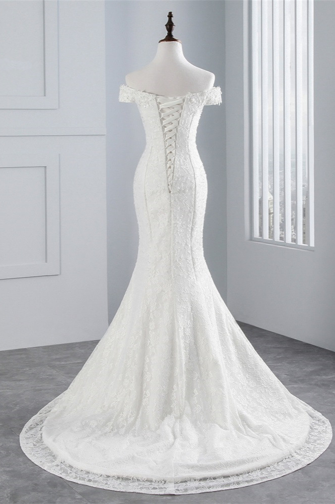 Off-the-Shoulder Floor-Length Long Mermaid Wedding Dress with Lace